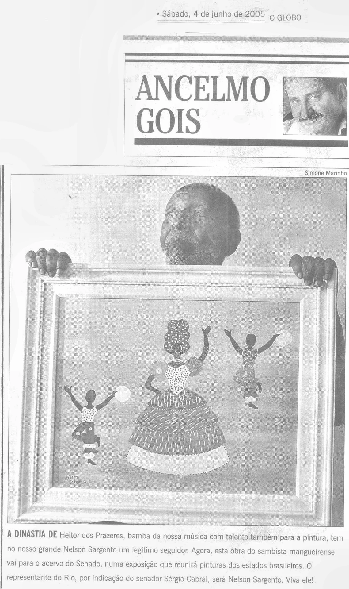 Recorte de jornal sobre uma obra de Nelson Sargento em exposição.